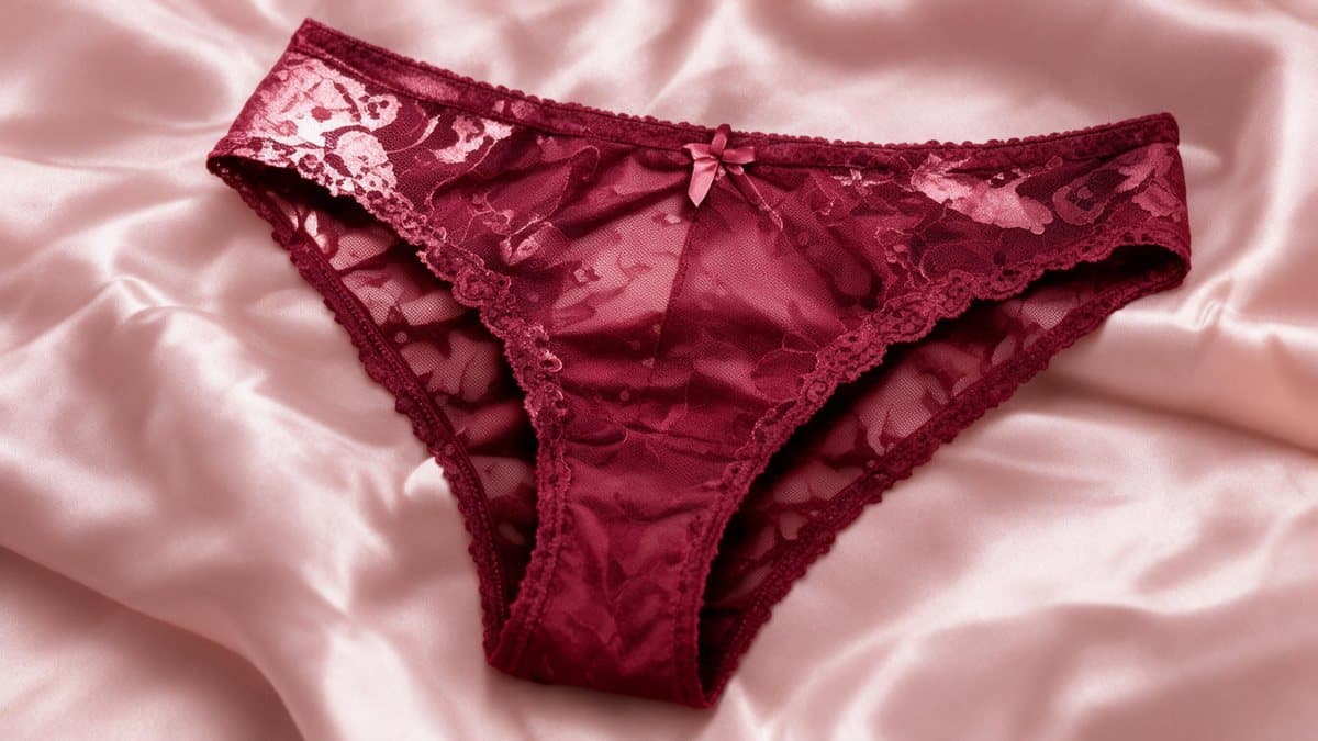Burgundy lace panties on pink satin
